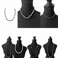 Collage showing all seven necklaces, overview of styles and colours