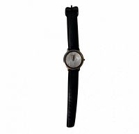 Full view of Fossil watch with black leather band