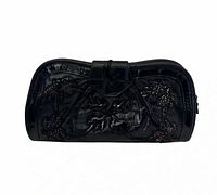 Front view of black crocodile-embossed leather clutch with bronze embroidery