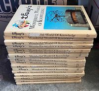 Stack of all encyclopedia volumes showing spines and handwritten edge numbers