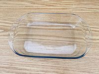 Top view of entire rectangular glass casserole dish showing shape and handles