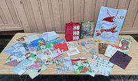 overview of cards, bags, ornaments on table