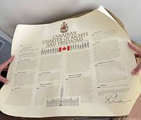 English Charter of Rights and Freedoms print held for size reference