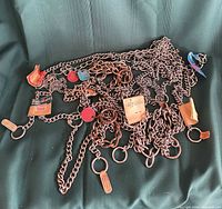Pile of assorted metal choke chain collars with various tags visible
