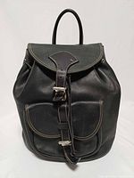 Front view showing overall design, flap, front pocket, hardware and leather texture