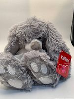Front view of light grey plush bunny with tag visible