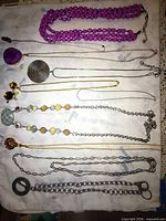 All necklaces and pin laid out on fabric