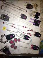 Entire lot laid out showing necklaces, bracelets, earrings, pin