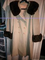 Full frontal view of coat on hanger showing overall style, fabric texture, buttons, pockets, mink collar and cuffs