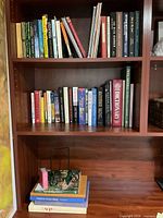 Full view of two shelves showing variety of upright books and oversize books on lower shelf