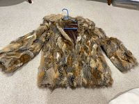 Full view rabbit fur jacket front open showing brown lining