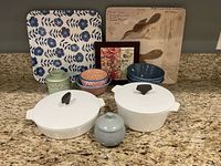 Full lot overview showing platters, casseroles, crocks and bowls