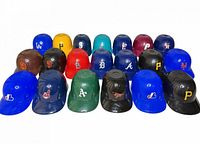 All 20 helmets arranged in rows showing front and top logos