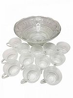 punched glass bowl with 12 matching cups overview