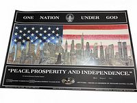 Full view of unframed poster showing flag, skyline and text