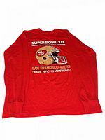 Full view of red long sleeve T-shirt with 49ers Super Bowl XIX graphic