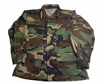 Front view of woodland camouflage jacket showing full design and pockets