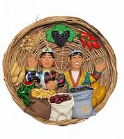 front view of wicker wall plaque with figurines and produce detail