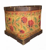 Three-quarter view of square woven basket showing floral painting and wood base