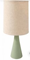 full view of lamp showing linen shade and sage green ceramic base