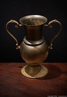 Full view of brass urn vase showing handles, body, pedestal