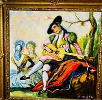 Close view of painted scene showing lute player and two figures