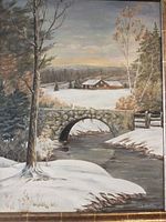 Close view of painting showing stone bridge, creek, farmhouse, signature