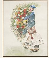 Close view of watercolor showing two clowns with floral bouquet, artist signature visible