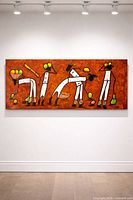 Full view of painting mounted on wall under gallery lights