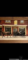 Close view of painting detail showing horse-drawn buggy and storefront text