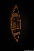 Full view of wooden canoe wall shelf, side angle