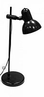 full view of black adjustable desk lamp showing base, rod, swivel arm, shade, and cord