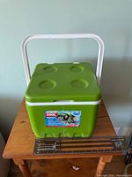 Front view of green cooler with handle upright showing exterior condition and size reference ruler