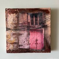 Front view of entire square artwork showing pink doors and building façade