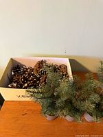 Box with natural and white-tipped pine cones beside trio of faux pine trees in metal pots