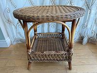 Full view of wicker coffee table front angle