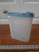 Full view of pitcher showing translucent body and blue lid