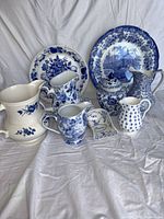 Group view of nine blue and white porcelain pieces