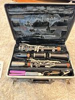 Open case showing clarinet parts and accessories