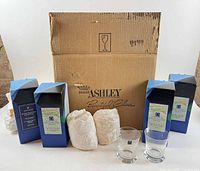 Boxed Dartington Crystal Rye tumblers with two unboxed examples and original William Ashley shipping carton
