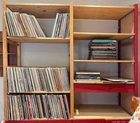 Shelf unit filled with rows of upright LP records and stacked box sets