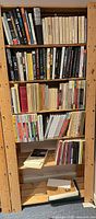 full view of pine bookcase loaded with books