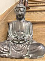 Front view seated Buddha statue dark bronze finish