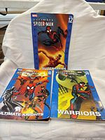 Front covers of the three Ultimate Spider-Man volumes showing titles and volume numbers