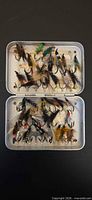 Open fly box showing assorted flies in both halves