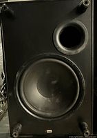 Front view showing 10-inch driver, bass-reflex port and cabinet finish