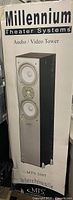 Front of unopened Millennium Theater Systems MTS-2605 tower speaker box