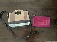 Both purses side by side on floor showing overall style, colors and condition