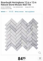 Screenshot of product listing showing Boardwalk Herringbone 12" x 12" natural stone mosaic wall tile sheet