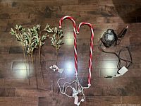 All items laid on floor: three greenery stems, two candy cane lights with cords, one black projector light